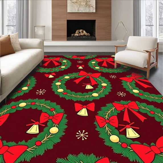 ODIKA 2'x3' Machine Washable Non-Slip Area Rug, Holiday Wreath with Ribbon Bow Details High Traffic Rug with Pad, Red, 606856