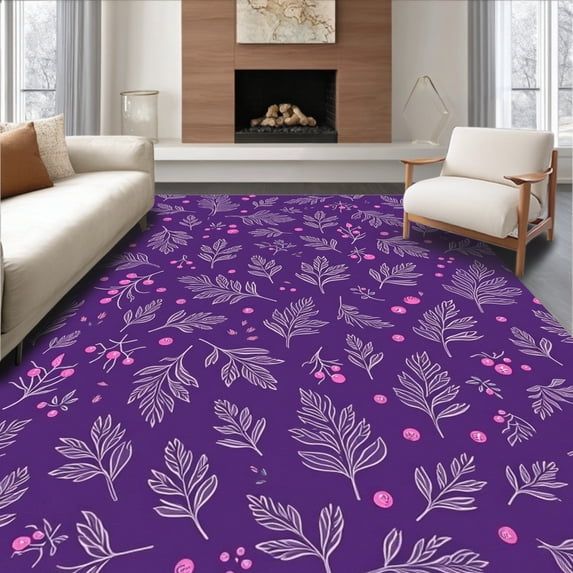 ODIKA 2'x3' Machine Washable Non-Slip Area Rug, Holly Berry Branch Christmas Botanical Holiday Design High Traffic Rug with Pad, Purple, 626330