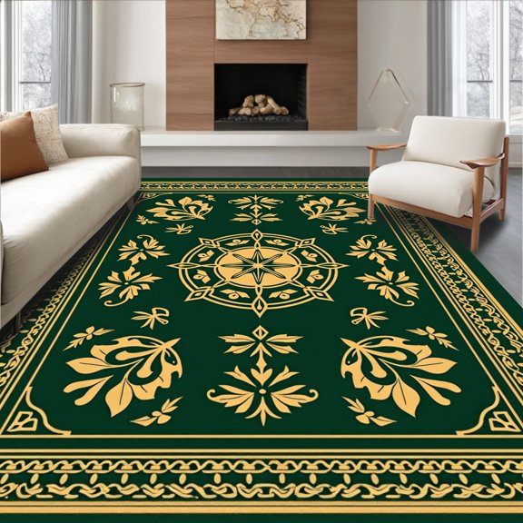 ODIKA 2x3 Machine Washable Non-Slip Area Rug, Holly Berry Medallion Tree Skirt with Celtic Knot Border Yuletide Base High Traffic Rug, Green, 636901