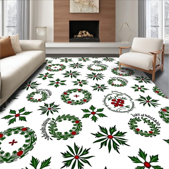 ODIKA 2'x3' Machine Washable Non-Slip Area Rug, Holly Berry Wreath Seasonal Welcome Traditional High Traffic Rug, Green, 653495
