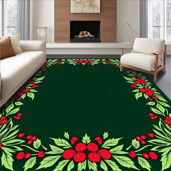 ODIKA 2'x3' Machine Washable Non-Slip Area Rug, Holly Leaf Vine Border with Traditional Berry Cluster Accents High Traffic Rug, Green, 623231