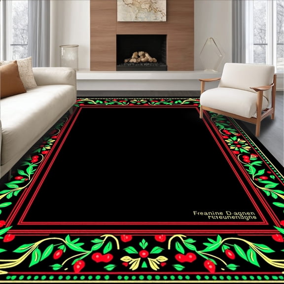 ODIKA 2x3 Machine Washable Non-Slip Area Rug, Holly Mistletoe Wreath Christmas Doormat with Festive Border Design High Traffic Rug with Pad, Black, 652884