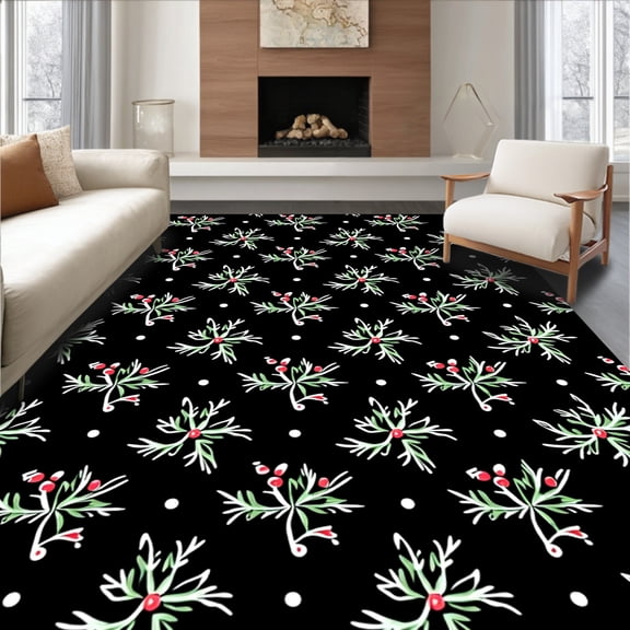 ODIKA 2x3 Machine Washable Non-Slip Area Rug, Holly Pine Festive Doormat Elegant Winter Branches Holiday Welcome High Traffic Rug with Pad, Black, 623584