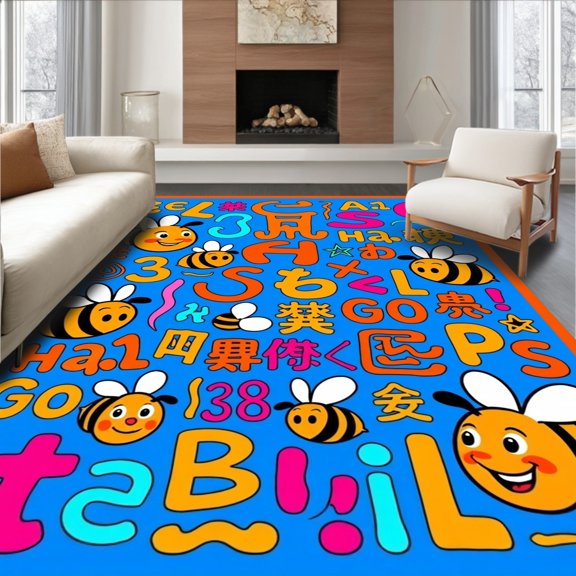 ODIKA 2'x3' Machine Washable Non-Slip Area Rug, Honeycomb Alphabet Adventure with Playful Bee Motifs and Letter Accents High Traffic Rug, Blue, 720956