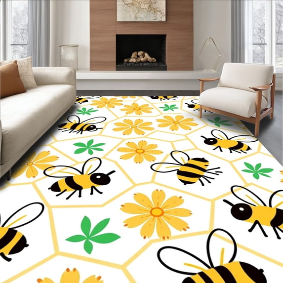 ODIKA 2'x3' Machine Washable Non-Slip Area Rug, Honeycomb Bees and Blossoms Cartoon with Whimsical Hive Motifs High Traffic Rug, Yellow, 723036