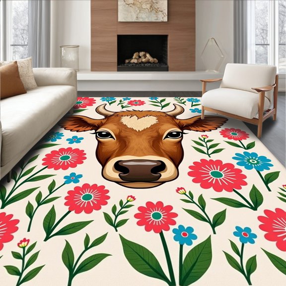 ODIKA 2x3 Machine Washable Non-Slip Area Rug, Hook Tapestry Woolly Heifer with Meadow Flower Circle Stitching High Traffic Rug, Brown, 635783