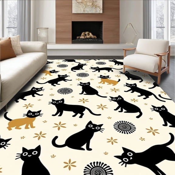 ODIKA 2x3 Machine Washable Non-Slip Area Rug, Illuminated Feline with Embedded String Lights High Traffic Rug, Black, 656160