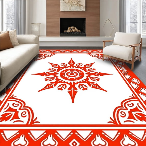 ODIKA 2'x3' Machine Washable Non-Slip Area Rug, Indie Dream with Interwoven Paisley and Sunray Motifs High Traffic Rug with Pad, Red, 710184
