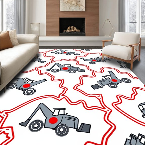 ODIKA 2x3 Machine Washable Non-Slip Area Rug, Industrial Worksite Vehicles Themed Decorative Surface Covering High Traffic Rug, Red, 440192