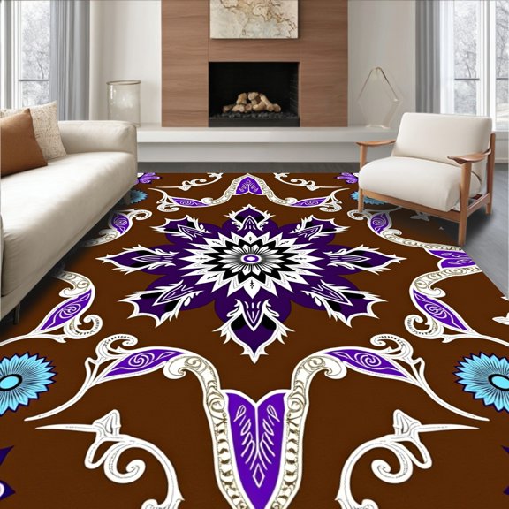 ODIKA 2x3 Machine Washable Non-Slip Area Rug, Inspired Floor Covering with Symmetrical Lotus Details High Traffic Rug, Brown, 669152
