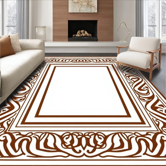 ODIKA 2'x3' Machine Washable Non-Slip Area Rug, Inspired Leather Look with Interlocking Motifs High Traffic Rug with Pad, Brown, 507961