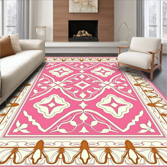 ODIKA 2x3 Machine Washable Non-Slip Area Rug, Inspired Quatrefoil Medallion Network Design High Traffic Rug, Pink, 710631