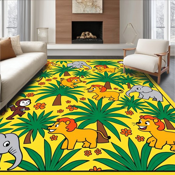 ODIKA 2x3 Machine Washable Non-Slip Area Rug, Interactive Jungle Safari Wildlife Exploration Discovery Floor High Traffic Rug, Yellow, 693468