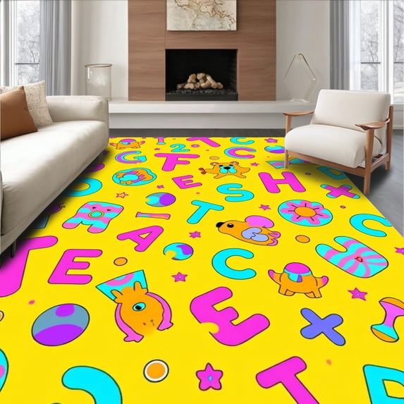 ODIKA 2'x3' Machine Washable Non-Slip Area Rug, Interactive Learning with Colorful Letters Numbers and Cute Animal Figures High Traffic Rug with Pad, Yellow, 698897