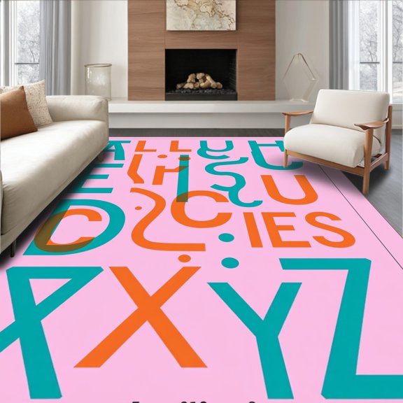 ODIKA 2x3 Machine Washable Non-Slip Area Rug, Interactive Phonics featuring Bold Typography Educational High Traffic Rug, Pink, 698714