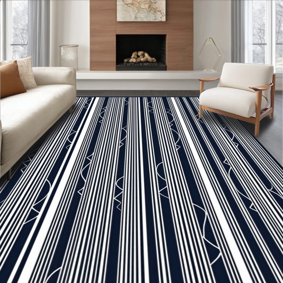 ODIKA 2x3 Machine Washable Non-Slip Area Rug, Interlaced Nautical Stripes with Abstract Wave Motifs High Traffic Rug, Black, 535386