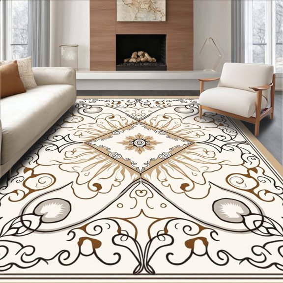 ODIKA 2x3 Machine Washable Non-Slip Area Rug, Interlaced Network With Flowing Curved High Traffic Rug, Beige, 378879