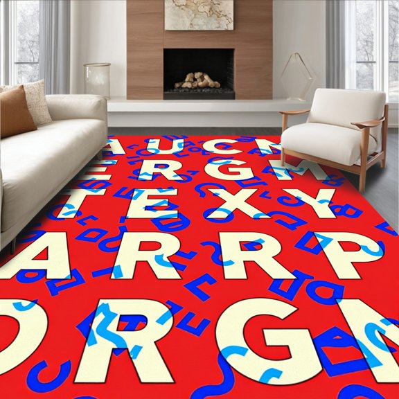 ODIKA 2x3 Machine Washable Non-Slip Area Rug, Interlocking Hop Grid with Alphabet Cascade High Traffic Rug, Red, 697631