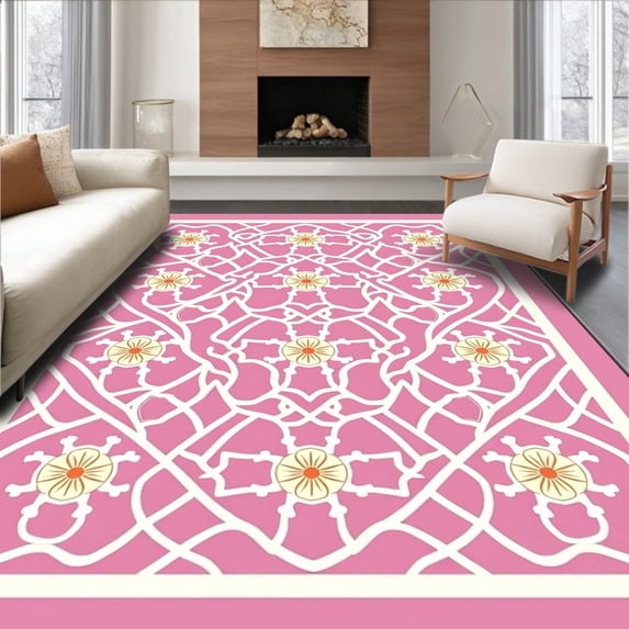 ODIKA 2'x3' Machine Washable Non-Slip Area Rug, Interlocking Lattice Motif with Subtle Medallion Accents Modern High Traffic Rug, Pink, 560824