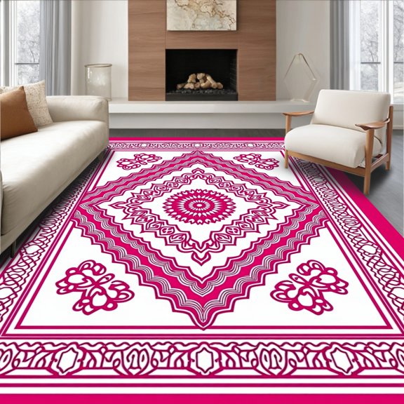 ODIKA 2x3 Machine Washable Non-Slip Area Rug, Interlocking Lattice with Inspired Motifs High Traffic Rug, Pink, 484579