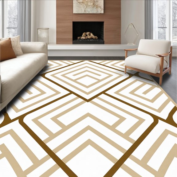 ODIKA 2x3 Machine Washable Non-Slip Area Rug, Interlocking Latticework with Nordic Chevron Motifs High Traffic Rug with Pad, Beige, 597328