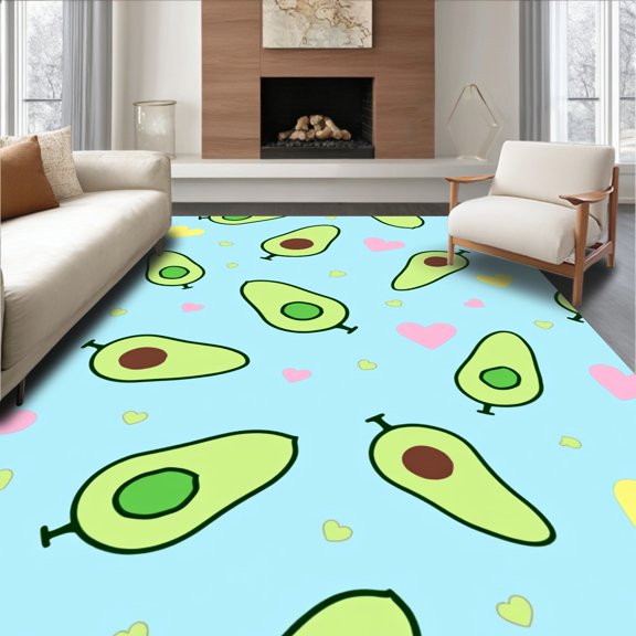 ODIKA 2x3 Machine Washable Non-Slip Area Rug, Internet Famous Kawaii Avocado Characters with Accents High Traffic Rug, Blue, 724713