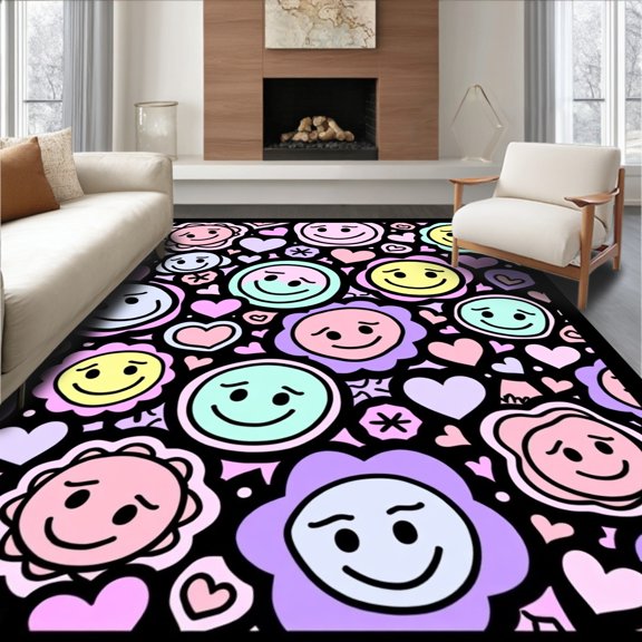 ODIKA 2x3 Machine Washable Non-Slip Area Rug, Internet Famous Kawaii Smiley Faces Print with Pink Hearts and Pastel Highlights High Traffic Rug, Pink, 724678