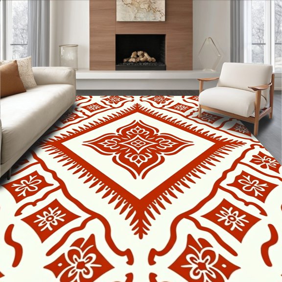 ODIKA 2x3 Machine Washable Non-Slip Area Rug, Intricate Boho with Interlocking Shapes and Curved Lines High Traffic Rug, Red, 536051