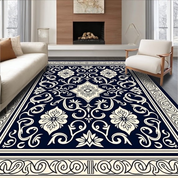 ODIKA 2'x3' Machine Washable Non-Slip Area Rug, Intricate Damask Style with Scrollwork and Intertwined Leaf Motifs High Traffic Rug with Pad, Blue, 444956
