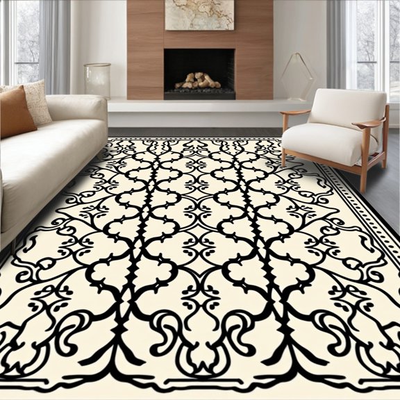 ODIKA 2x3 Machine Washable Non-Slip Area Rug, Intricate Interlocking Trellis With Stylized Fleur de And Delicate Filigree High Traffic Rug, Beige, 472667