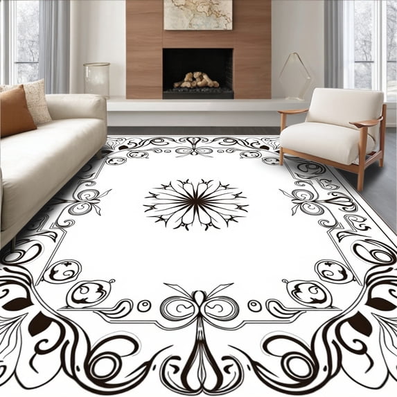 ODIKA 2'x3' Machine Washable Non-Slip Area Rug, Intricate Nature Inspired Design with Flowing High Traffic Rug, Black, 344079
