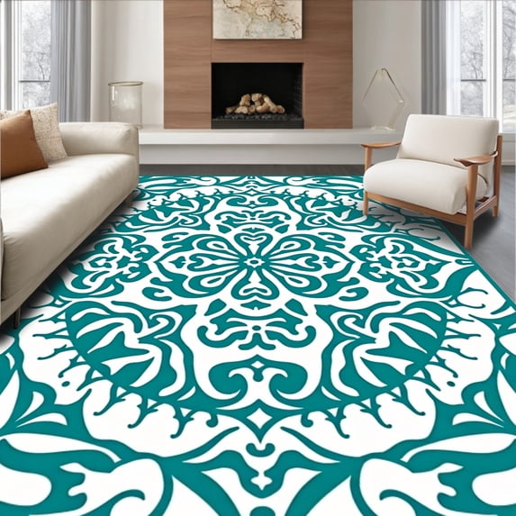 ODIKA 2'x3' Machine Washable Non-Slip Area Rug, Intricate Spiral with Ornate Floral and Swirling Motifs High Traffic Rug, Teal, 713872