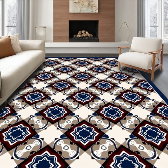 ODIKA 2x3 Machine Washable Non-Slip Area Rug, Intricate Tile Mosaic with Interlocking and Chevron Motifs High Traffic Rug, Blue, 387385