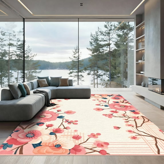 ODIKA 2'x3' Machine Washable Non-Slip Area Rug, Japanese Blush Pink High Traffic Rug, Pink, 1080921