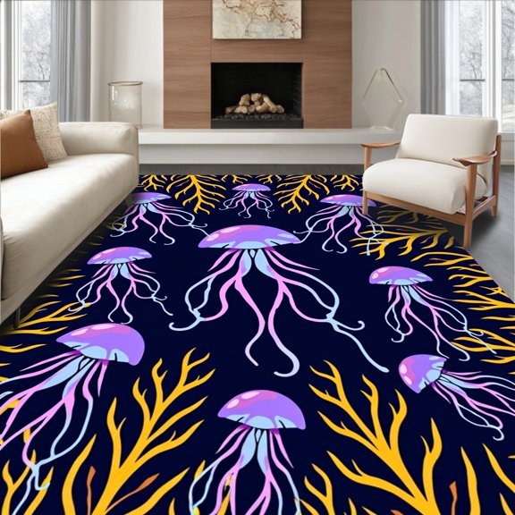 ODIKA 2x3 Machine Washable Non-Slip Area Rug, Jellyfish Floating Kelp Forest Deep Sea Adventure Motif High Traffic Rug, Black, 705658