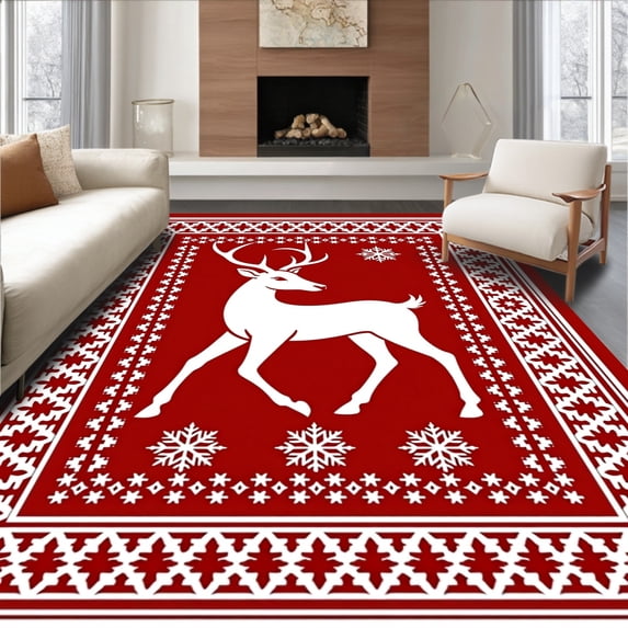 ODIKA 2'x3' Machine Washable Non-Slip Area Rug, Jolly Reindeer with Nordic Snowflake Border Christmas Motif High Traffic Rug, Red, 627875