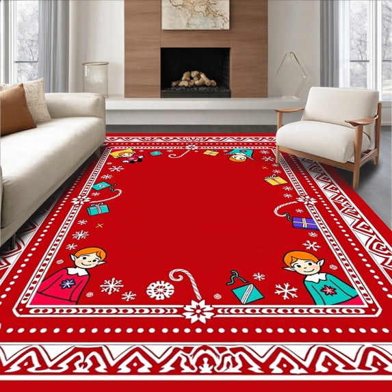 ODIKA 2'x3' Machine Washable Non-Slip Area Rug, Jolly Santa Workshop Whimsical North Pole Journey Adventure High Traffic Rug, Red, 629904
