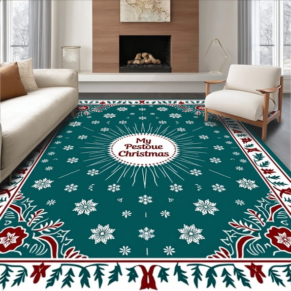 ODIKA 2'x3' Machine Washable Non-Slip Area Rug, Jolly Season Entryway Greeting Front Porch Doormat Celebration High Traffic Rug, Teal, 737637