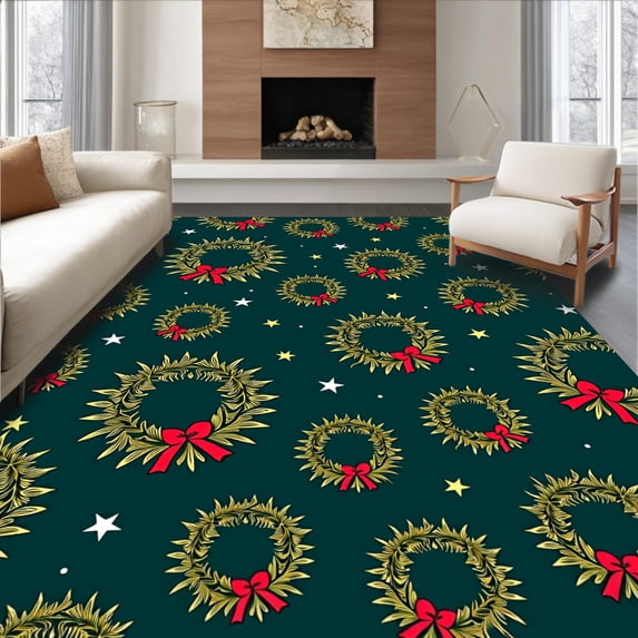 ODIKA 2'x3' Machine Washable Non-Slip Area Rug, Joyful Bough Wreath Embellishment Decoration High Traffic Rug, Green, 625846