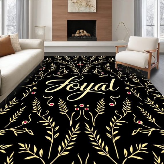 ODIKA 2'x3' Machine Washable Non-Slip Area Rug, Joyful Lettering with Festive Laurel and Berry Interlace High Traffic Rug, Black, 738272