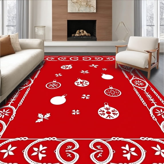 ODIKA 2'x3' Machine Washable Non-Slip Area Rug, Joyful Ornament Seasonal Hearth Embellishment High Traffic Rug, Red, 505871