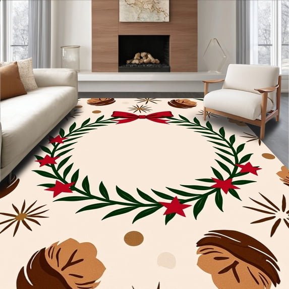 ODIKA 2'x3' Machine Washable Non-Slip Area Rug, Joyful Pinecone Wreath Celebration Decoration Yuletide Welcome High Traffic Rug with Pad, Beige, 622388