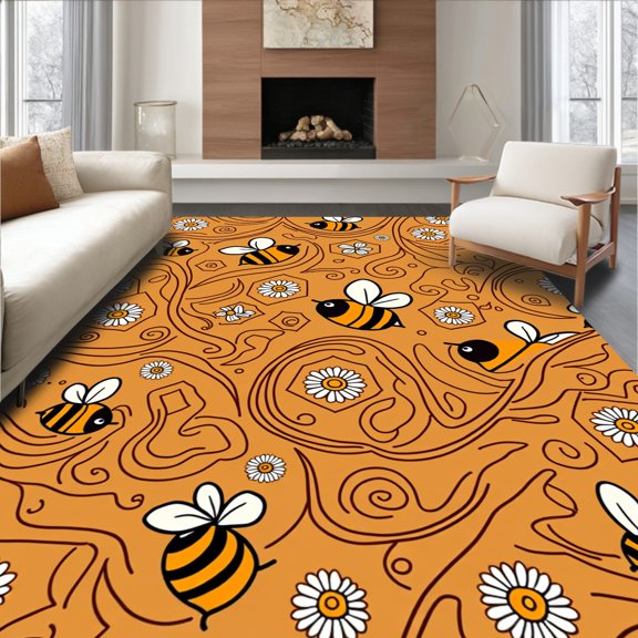 ODIKA 2'x3' Machine Washable Non-Slip Area Rug, Joyful Pollinator Washroom Textile Arrangement High Traffic Rug, Orange, 723015