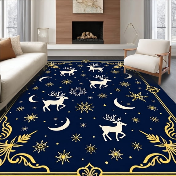 ODIKA 2'x3' Machine Washable Non-Slip Area Rug, Joyful Reindeer Sleigh Half Round Starry Night High Traffic Rug with Pad, Blue, 617814