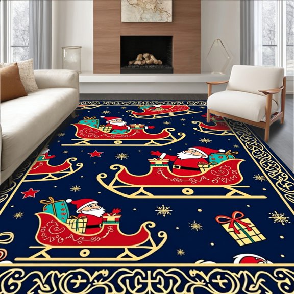 ODIKA 2x3 Machine Washable Non-Slip Area Rug, Joyful Santa Claus Entryway North Pole Express Delivery High Traffic Rug, Navy Blue, 609954