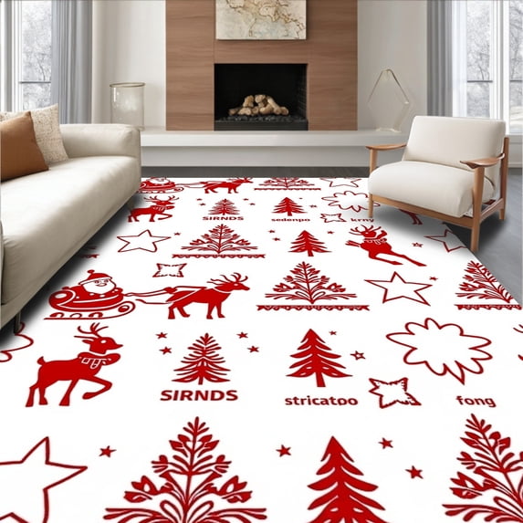 ODIKA 2'x3' Machine Washable Non-Slip Area Rug, Joyful Santa Sleigh Ride Household Entrance Decoration High Traffic Rug, Red, 622585