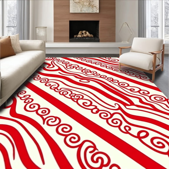 ODIKA 2'x3' Machine Washable Non-Slip Area Rug, Joyful Season Cane Swirl Decorative Floor Covering High Traffic Rug with Pad, Red, 607808