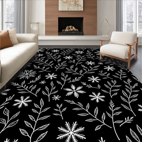 ODIKA 2'x3' Machine Washable Non-Slip Area Rug, Joyful Snowflake Pine Bough Seasonal Entryway Display High Traffic Rug with Pad, Black, 733373