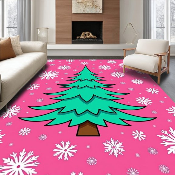 ODIKA 2x3 Machine Washable Non-Slip Area Rug, Joyful Spruce Celebration Snow Flurry Entryway Statement High Traffic Rug, Pink, 505987