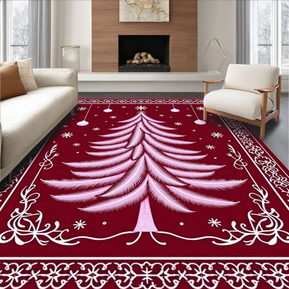 ODIKA 2'x3' Machine Washable Non-Slip Area Rug, Joyful Winter Evergreen Decorative Half Moon Entryway High Traffic Rug with Pad, Red, 605537